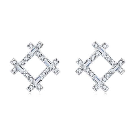 925 Sterling Silver Elegant Silver Geometric Zircon Stud Earrings With Floral Accent