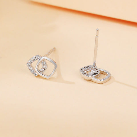 925 Sterling Silver Elegant Geometric Zircon Accent Interlocking Square Stud Earrings