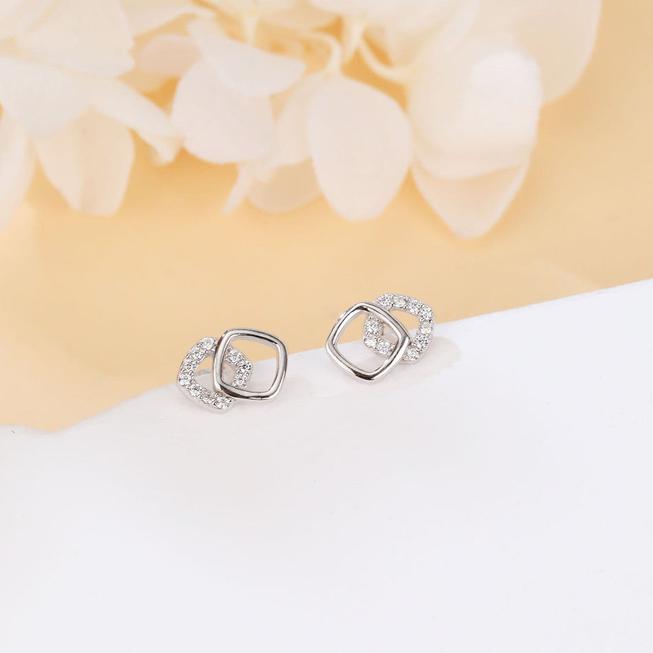 925 Sterling Silver Elegant Geometric Zircon Accent Interlocking Square Stud Earrings