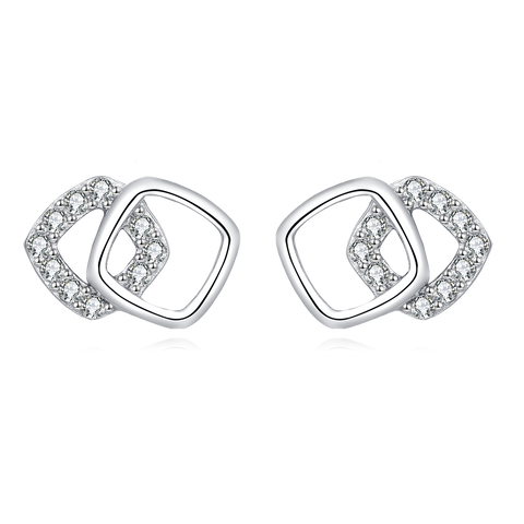 925 Sterling Silver Elegant Geometric Zircon Accent Interlocking Square Stud Earrings