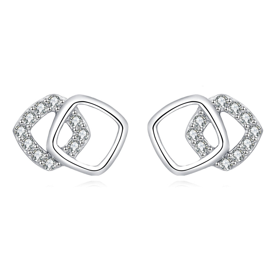925 Sterling Silver Elegant Geometric Zircon Accent Interlocking Square Stud Earrings