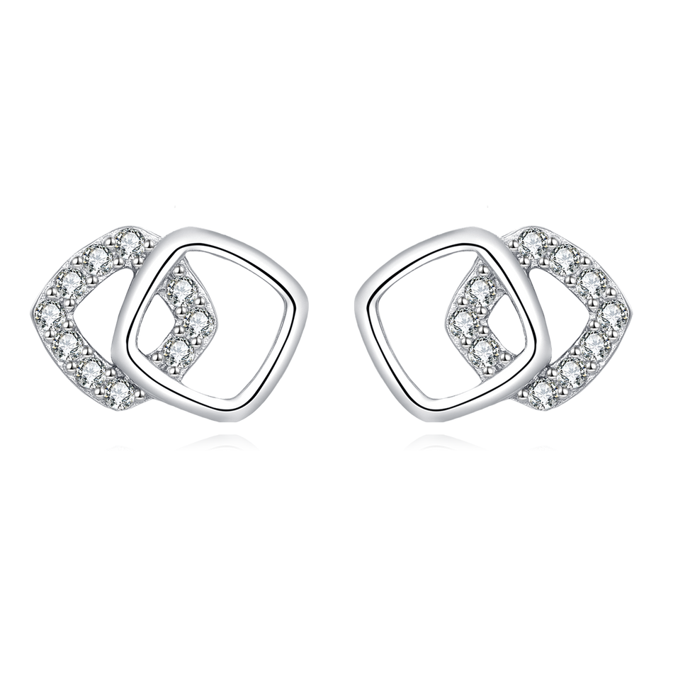 925 Sterling Silver Elegant Geometric Zircon Accent Interlocking Square Stud Earrings