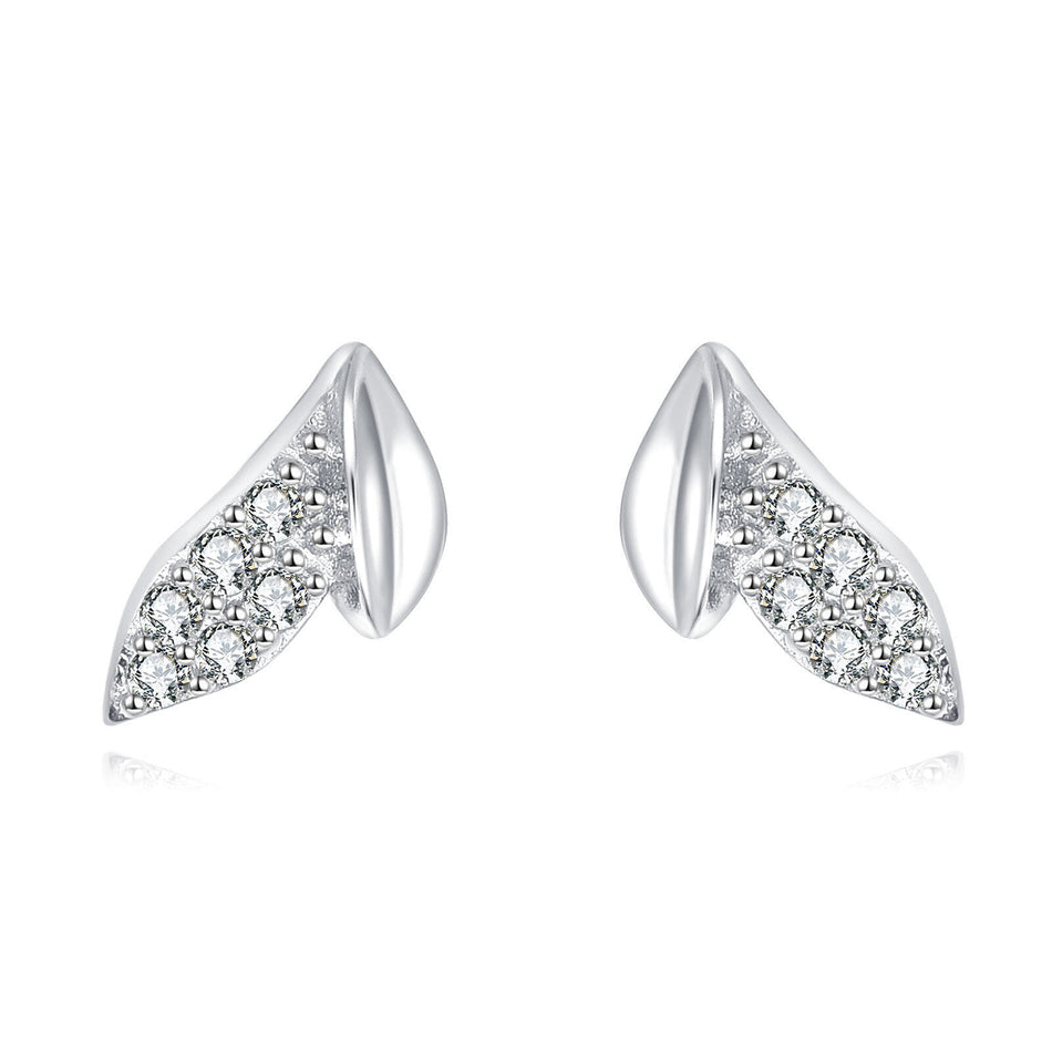 925 Sterling Silver Elegant Silver Leaf Zircon Stud Earrings With Modern Design