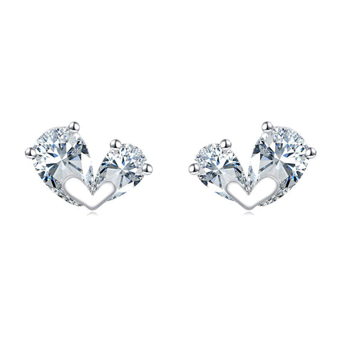 925 Sterling Silver Triple Zircon Heart Earrings In Plated with White Gold Setting