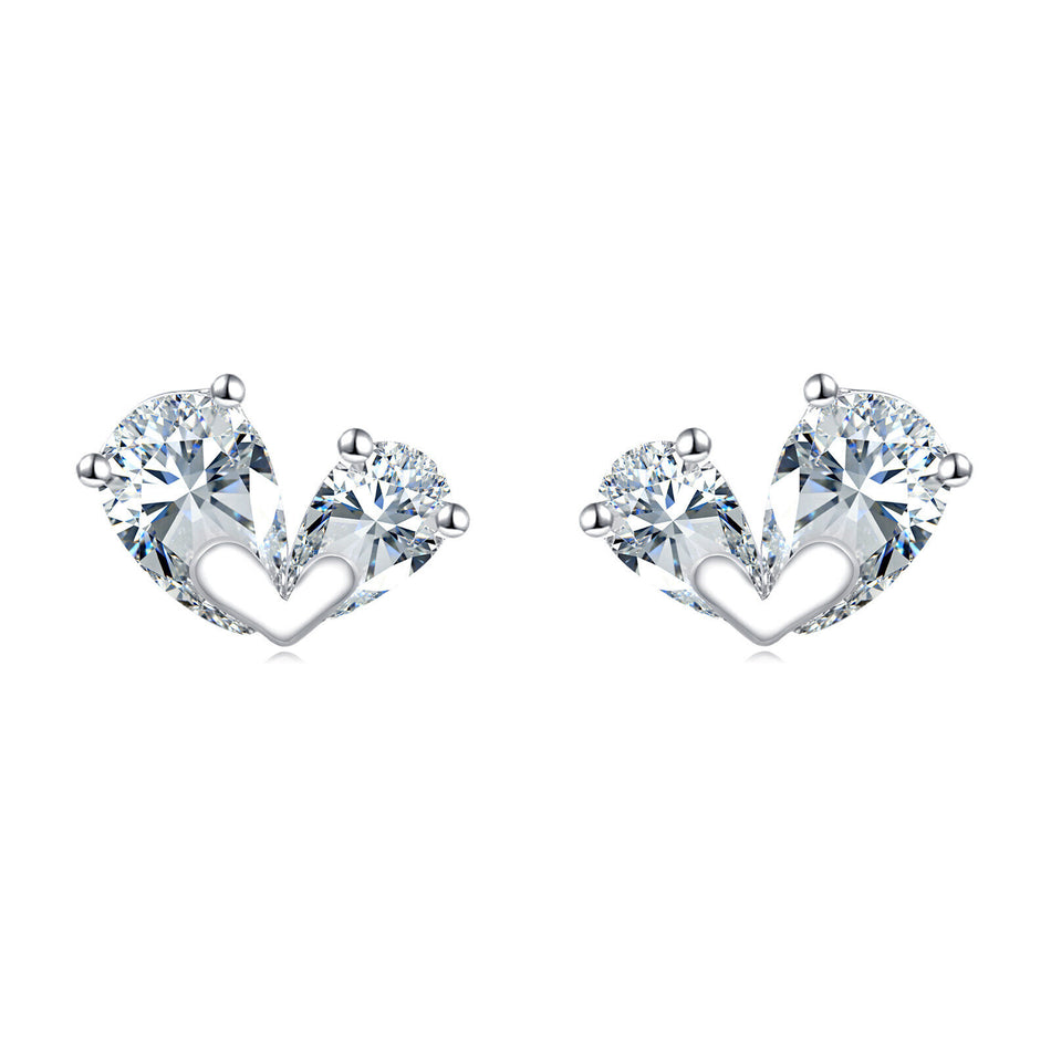 925 Sterling Silver Triple Zircon Heart Earrings In Plated with White Gold Setting