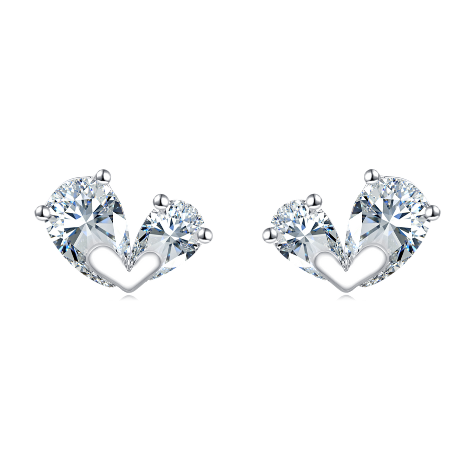 925 Sterling Silver Triple Zircon Heart Earrings In Plated with White Gold Setting