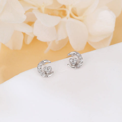 925 Sterling Silver Crescent Moon Heart Zircon Stud Earrings