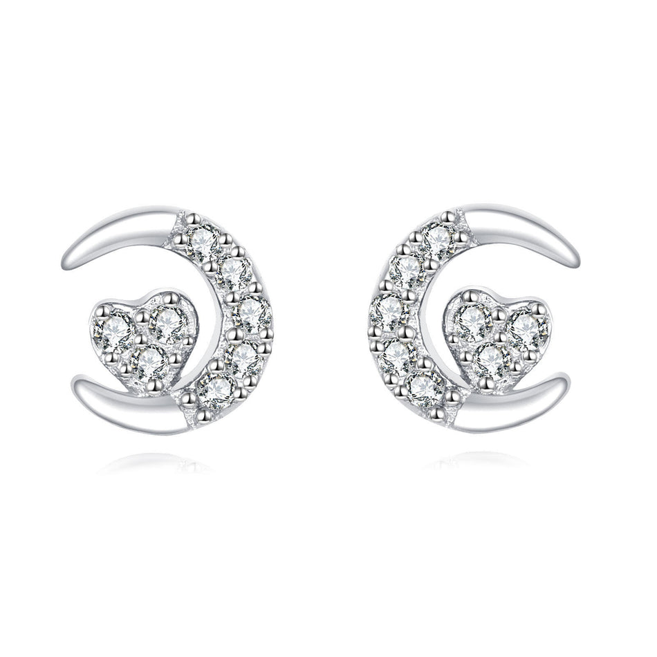925 Sterling Silver Crescent Moon Heart Zircon Stud Earrings