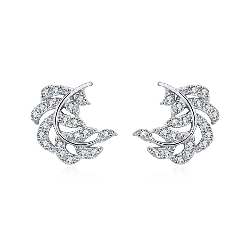 925 Sterling Silver Elegant Zircon-studded Leaf-shaped Silver Earrings