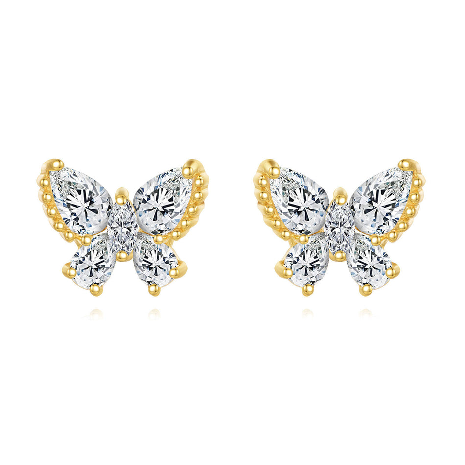 925 Sterling Silver Elegant Butterfly Zircon Earrings With Golden Accents