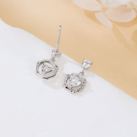 925 Sterling Silver Elegant Heart-shaped Zircon Earrings With Halo Setting In Plated with White Gold
