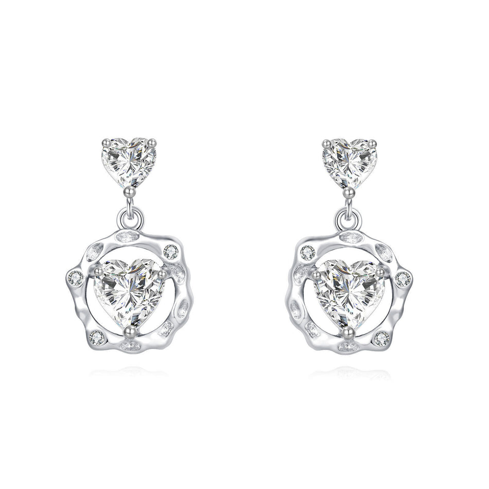 925 Sterling Silver Elegant Heart-shaped Zircon Earrings With Halo Setting In Plated with White Gold