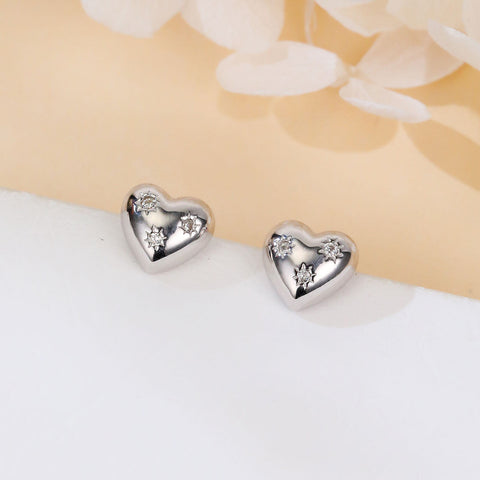 925 Sterling Silver Elegant Heart-shaped Zircon Stud Earrings With Starburst Design