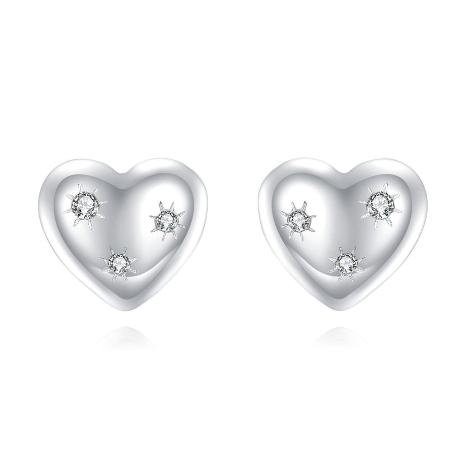 925 Sterling Silver Elegant Heart-shaped Zircon Stud Earrings With Starburst Design