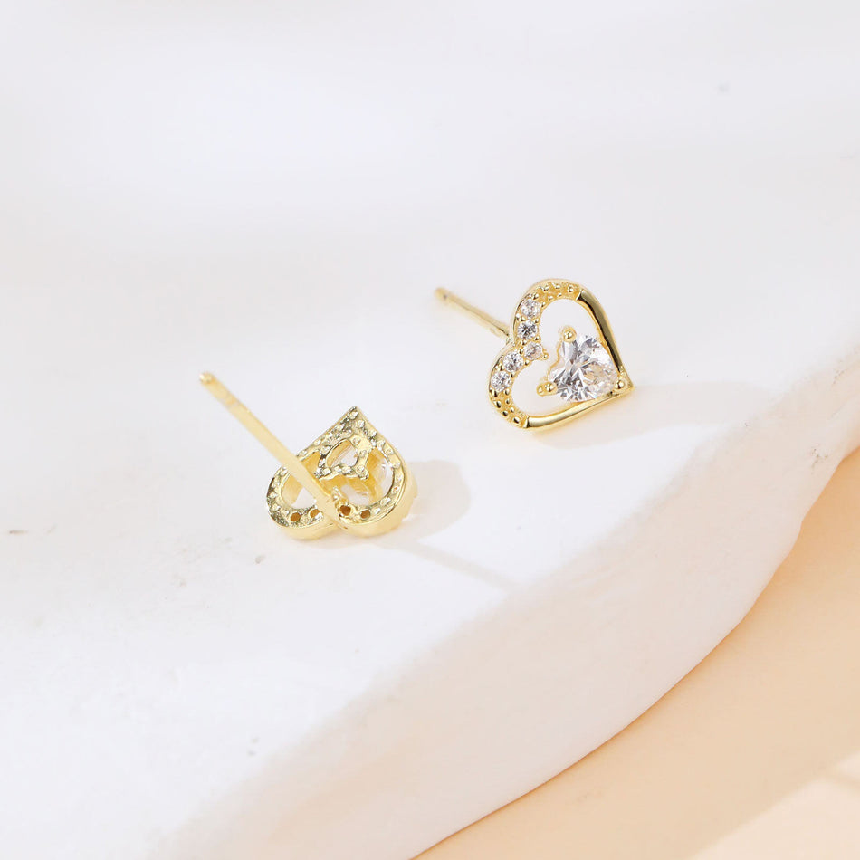 925 Sterling Silver Heart-shaped Zircon Gold Stud Earrings