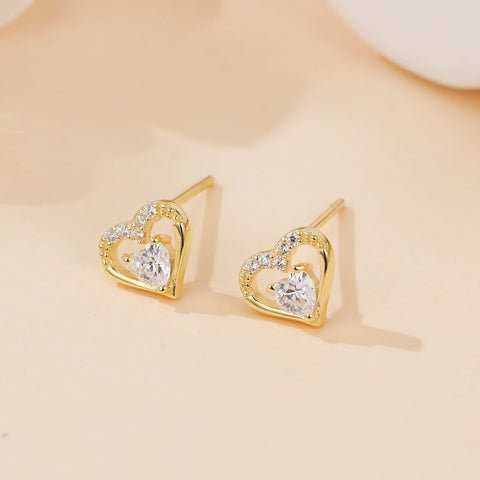 925 Sterling Silver Heart-shaped Zircon Gold Stud Earrings