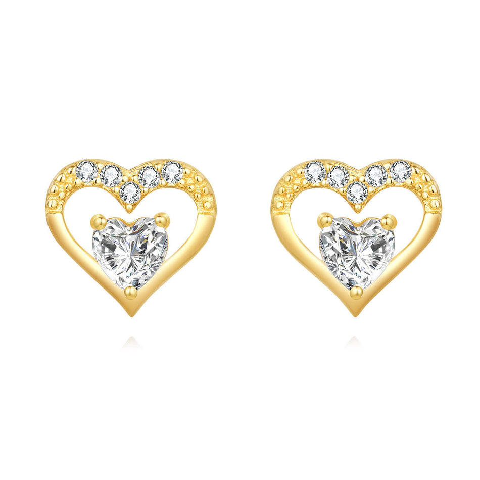 925 Sterling Silver Heart-shaped Zircon Gold Stud Earrings