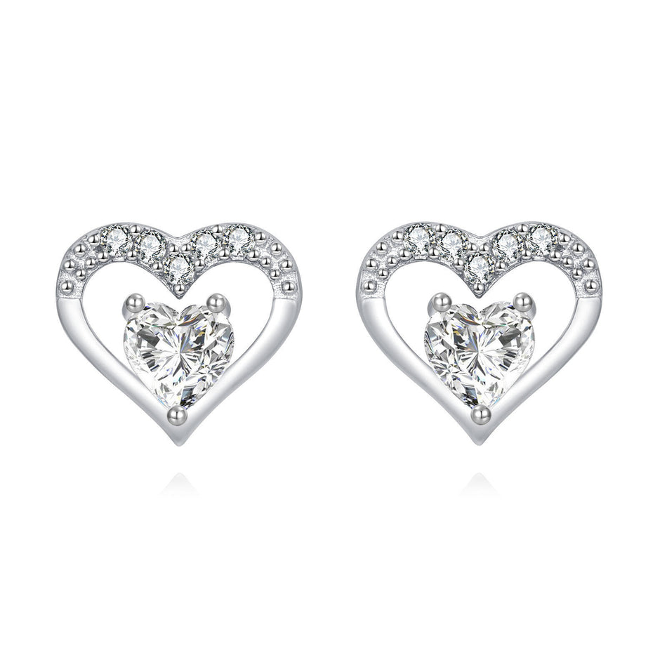 925 Sterling Silver Elegant Heart-shaped Zircon Earrings In Plated with White Gold