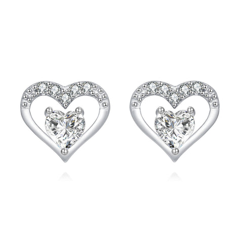 925 Sterling Silver Elegant Heart-shaped Zircon Earrings In Plated with White Gold