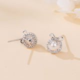 925 Sterling Silver Elegant Pearl Drop Earrings With Zircon Halo And Bow Accent