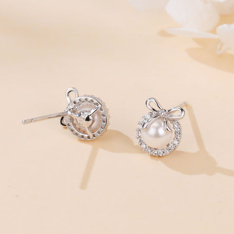 925 Sterling Silver Elegant Pearl Drop Earrings With Zircon Halo And Bow Accent