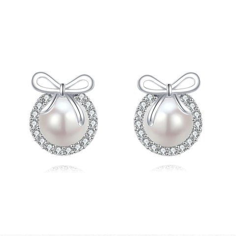 925 Sterling Silver Elegant Pearl Drop Earrings With Zircon Halo And Bow Accent