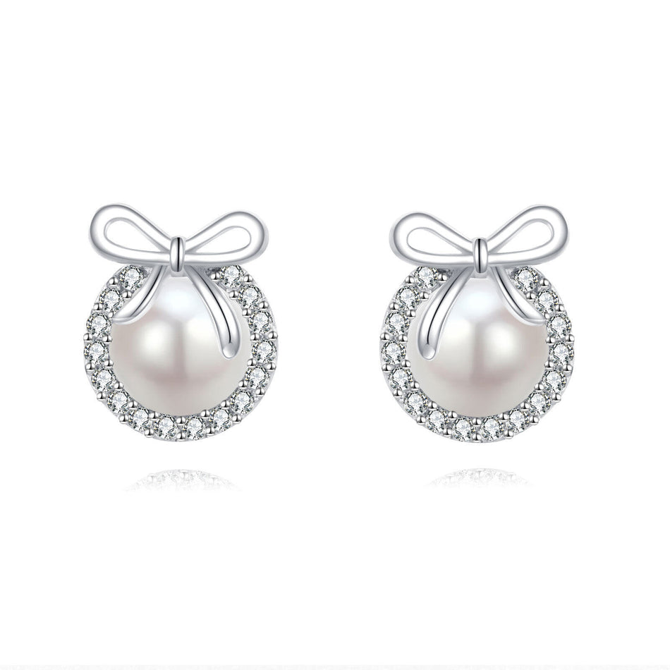 925 Sterling Silver Elegant Pearl Drop Earrings With Zircon Halo And Bow Accent