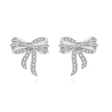 925 Sterling Silver Elegant Zircon-encrusted Plated with White Gold Bow Earrings