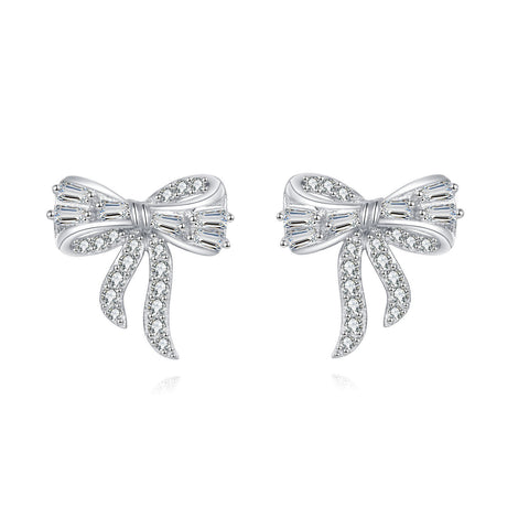 925 Sterling Silver Elegant Zircon-encrusted Plated with White Gold Bow Earrings