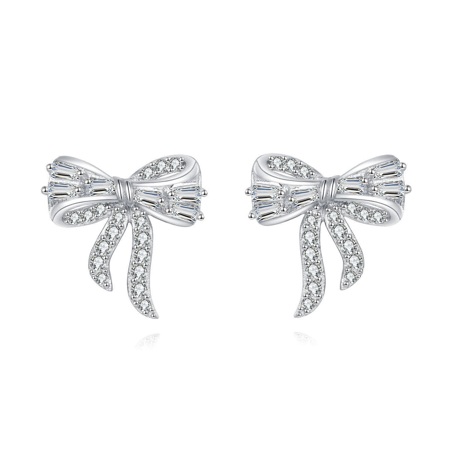 925 Sterling Silver Elegant Zircon-encrusted Plated with White Gold Bow Earrings