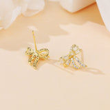 925 Sterling Silver Golden Bow Earrings With Zircon Accents: Elegant Luxury For Everyday Elegance
