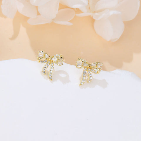 925 Sterling Silver Golden Bow Earrings With Zircon Accents: Elegant Luxury For Everyday Elegance