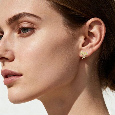 925 Sterling Silver Golden Bow Earrings With Zircon Accents: Elegant Luxury For Everyday Elegance