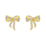 925 Sterling Silver Golden Bow Earrings With Zircon Accents: Elegant Luxury For Everyday Elegance