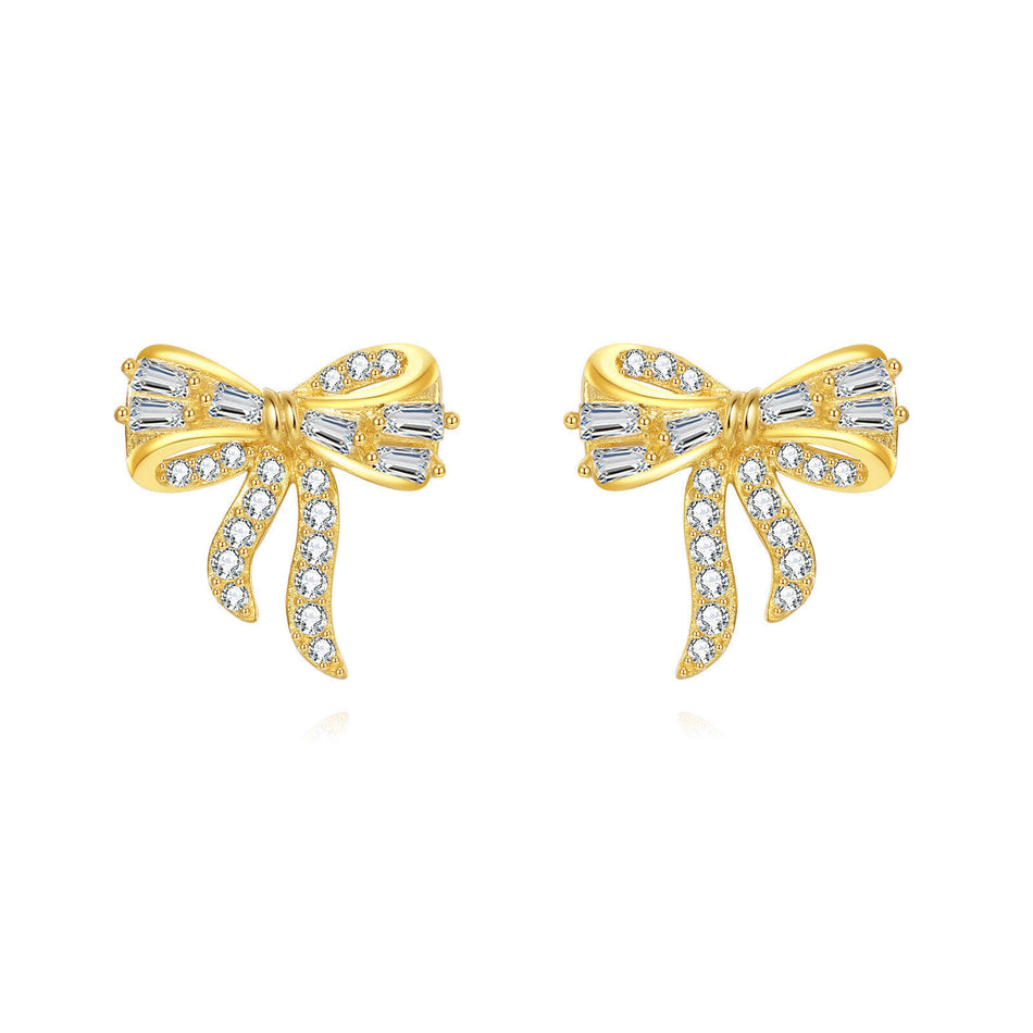 925 Sterling Silver Golden Bow Earrings With Zircon Accents: Elegant Luxury For Everyday Elegance
