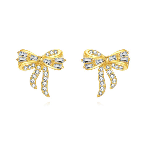 925 Sterling Silver Golden Bow Earrings With Zircon Accents: Elegant Luxury For Everyday Elegance