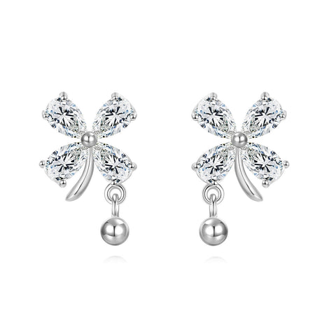 925 Sterling Silver Elegant Silver Floral Zircon Drop Earrings