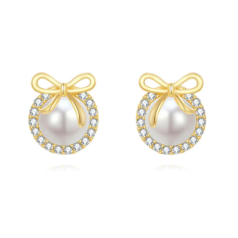 925 Sterling Silver Elegant Pearl Earrings With Zircon Accents And Gold Bow Design