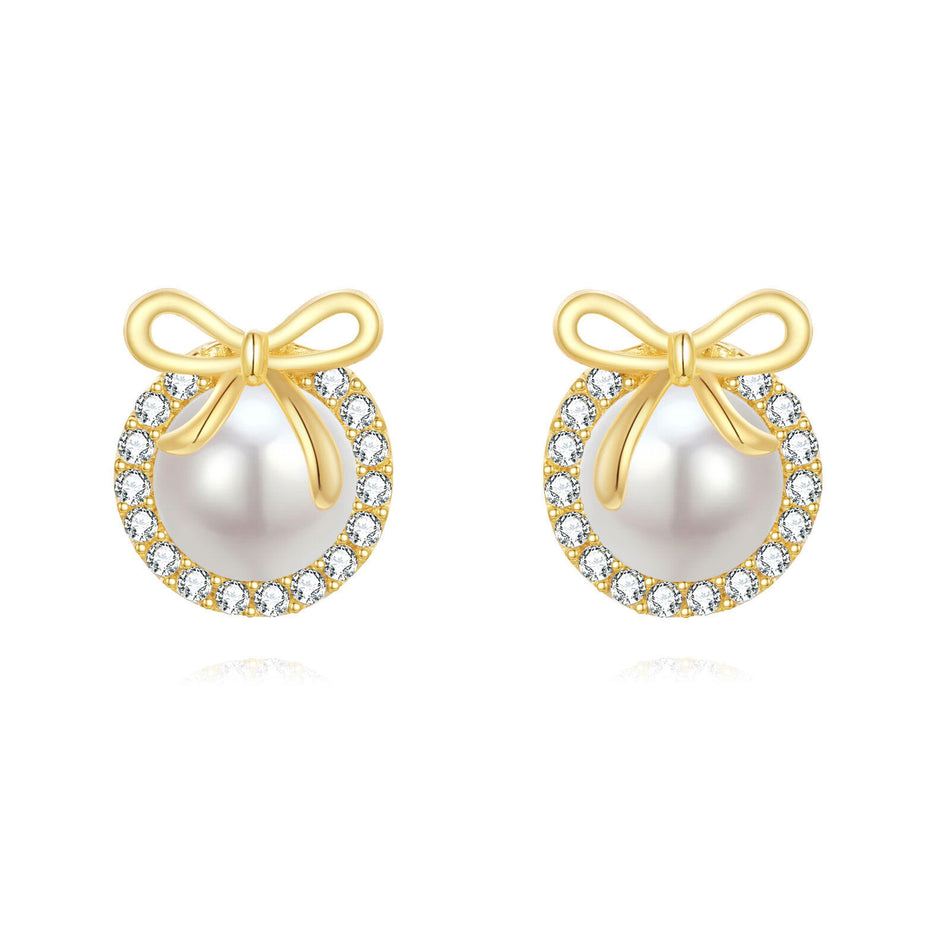 925 Sterling Silver Elegant Pearl Earrings With Zircon Accents And Gold Bow Design