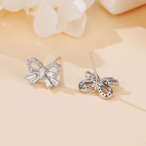 925 Sterling Silver Elegant Zircon Bow Earrings With Sparkling Accents
