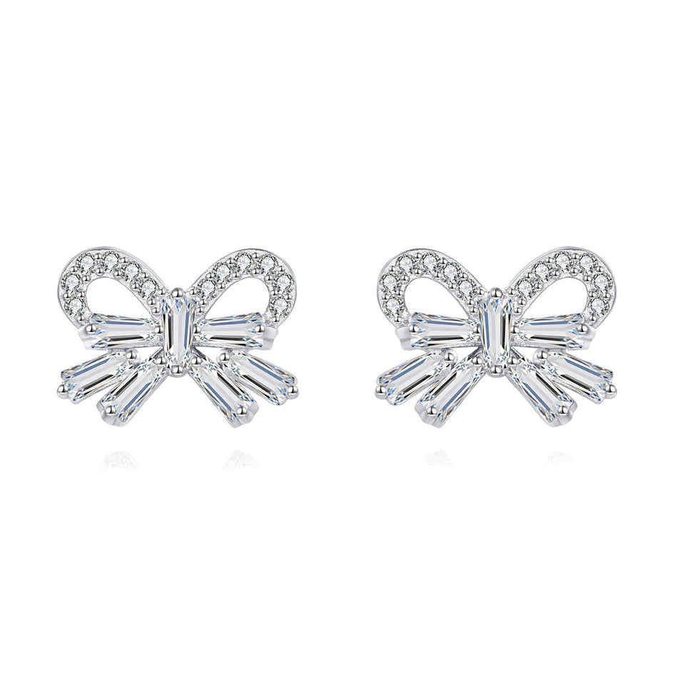 925 Sterling Silver Elegant Zircon Bow Earrings With Sparkling Accents