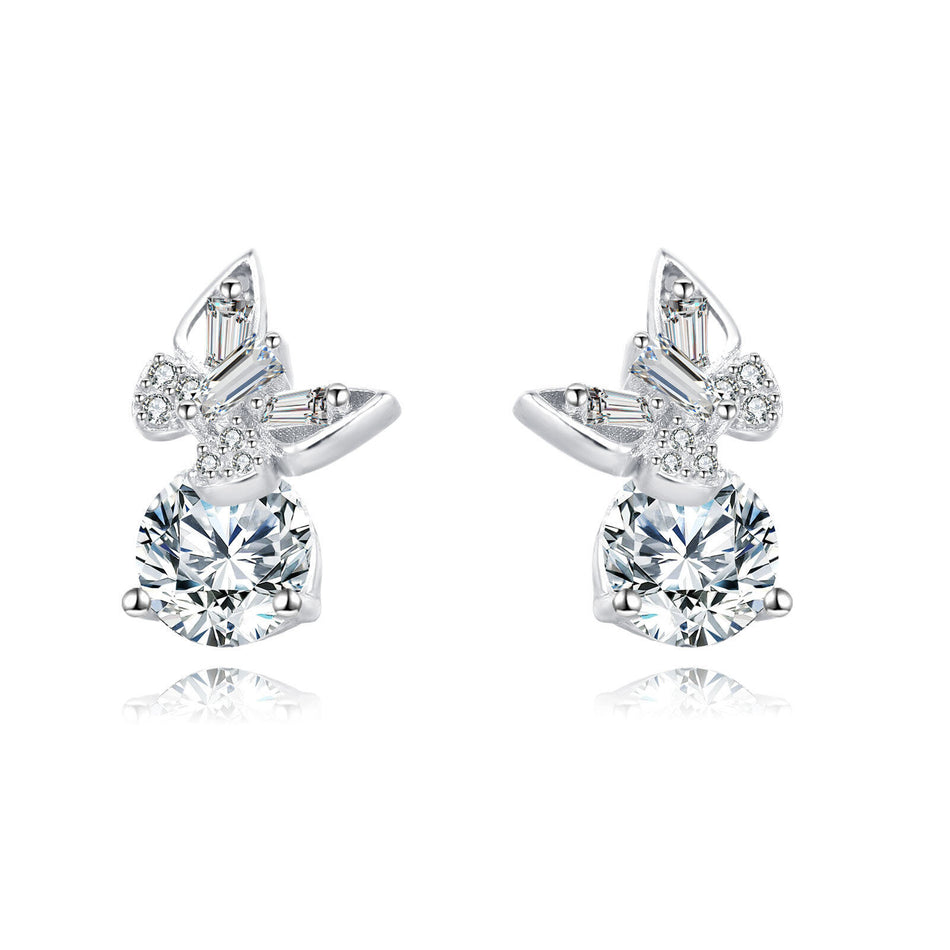 925 Sterling Silver Elegant Moissanite Stud Earrings With Silver Butterfly Design And Sparkling Accents