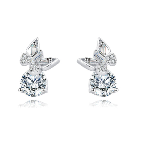 925 Sterling Silver Elegant Moissanite Stud Earrings With Silver Butterfly Design And Sparkling Accents