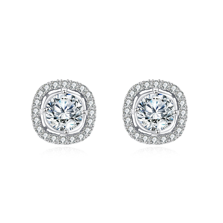 925 Sterling Silver Elegant Moissanite Halo Stud Earrings In Sterling Silver