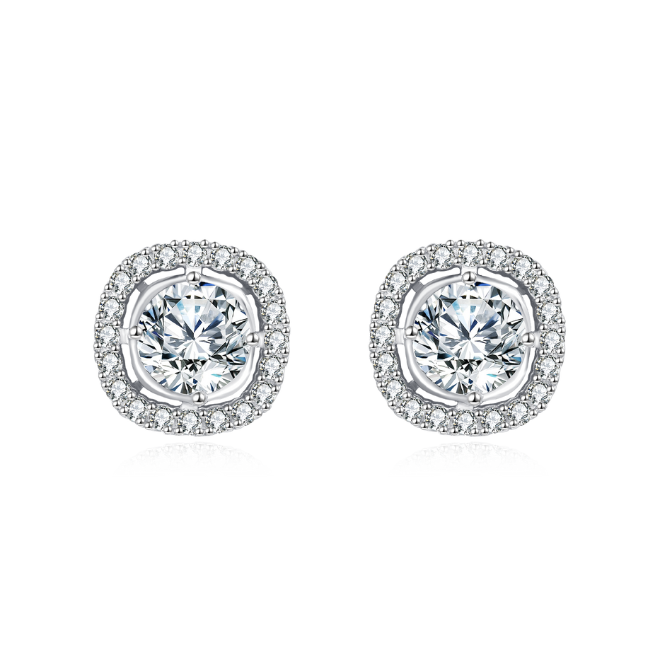 925 Sterling Silver Elegant Moissanite Halo Stud Earrings In Sterling Silver