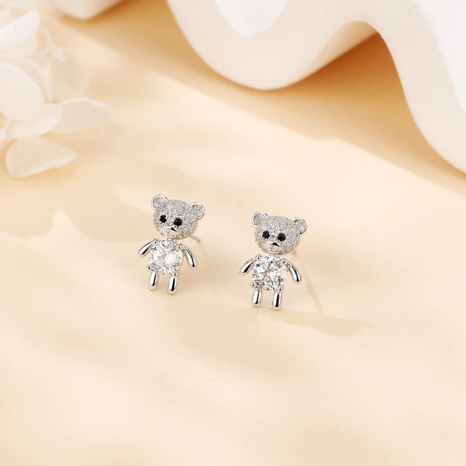 925 Sterling Silver Cute Silver Bear Stud Earrings With Moissanite Accents