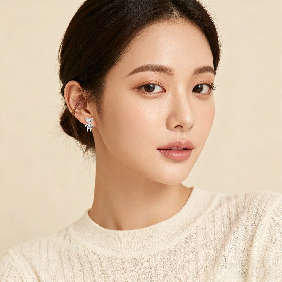 925 Sterling Silver Cute Silver Bear Stud Earrings With Moissanite Accents