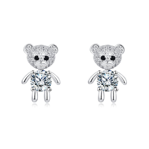 925 Sterling Silver Cute Silver Bear Stud Earrings With Moissanite Accents