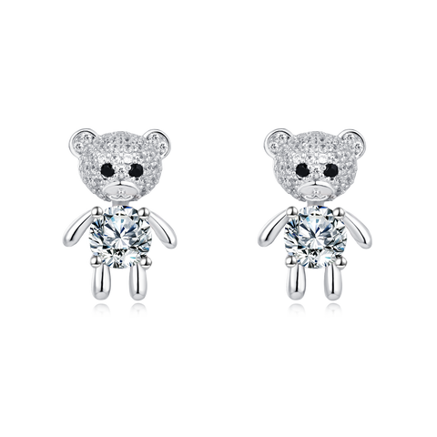 925 Sterling Silver Cute Silver Bear Stud Earrings With Moissanite Accents
