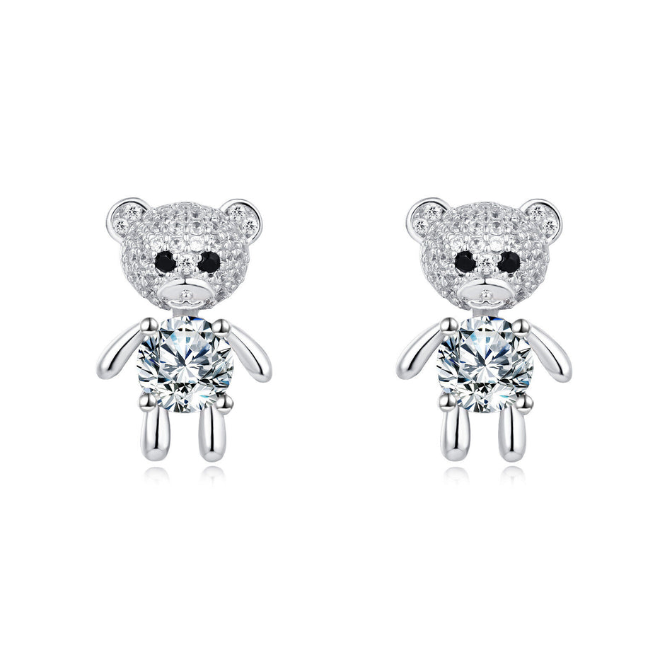 925 Sterling Silver Cute Silver Bear Stud Earrings With Moissanite Accents
